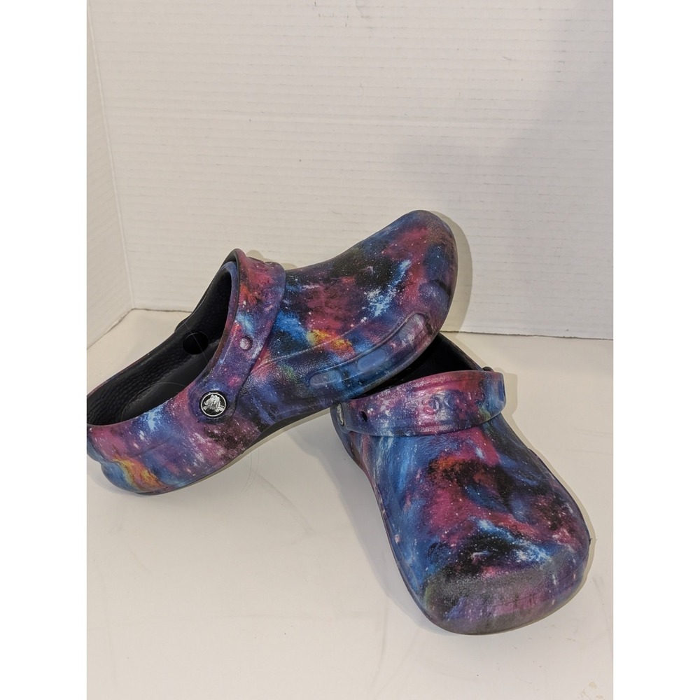 Crocs Bistro Graphic Work Clog Mens 12 Slip Resistant Shoes Black Galaxy Slip On